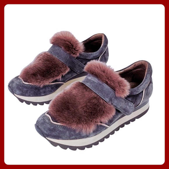 Ekonika Gray Suede‎ Platform Sneakers Women's Size 6 36 Fur Trim Hook Loop Strap - Picture 2 of 12